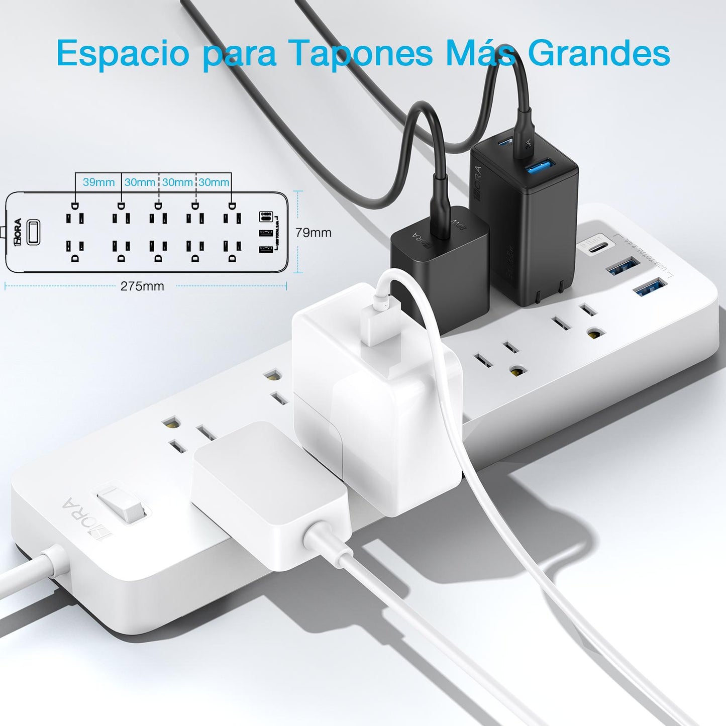 Multicontacto 13 en 1, extensión eléctrica con 10 Salidas de CA, 3 Puertos USB (1 USB C, 2 USB A) con 1,5 m Cable