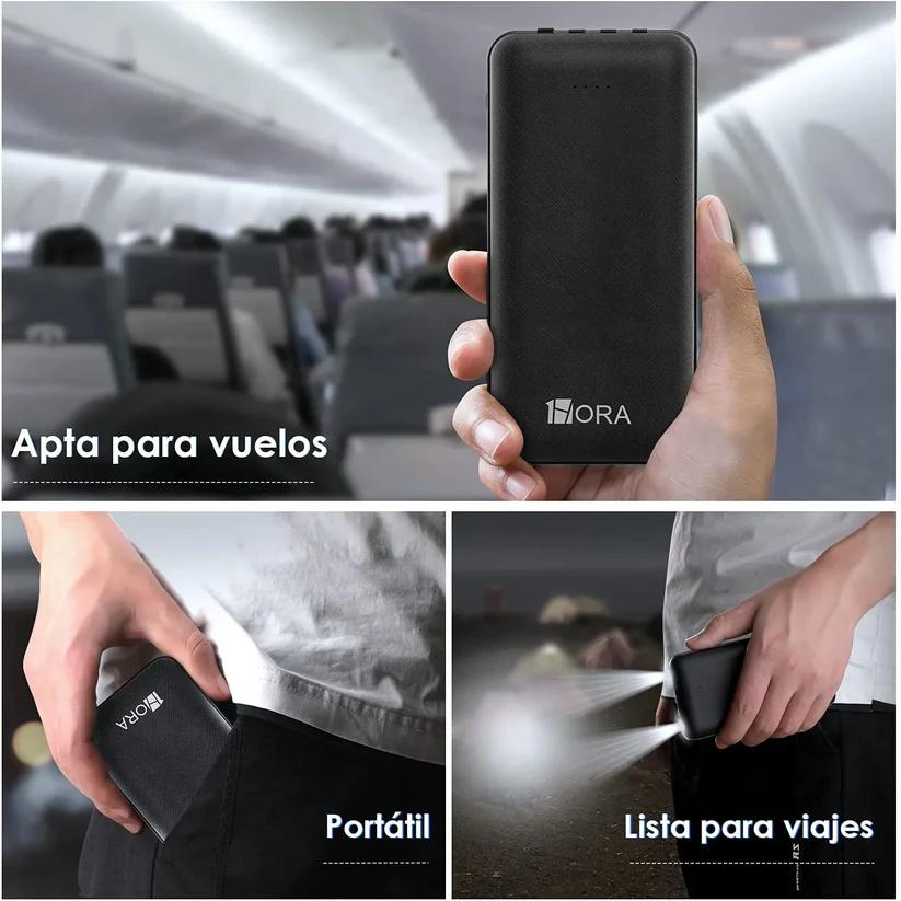 Power Bank 10000mAh, 4 Cables Incorporados, GAR148, Batería portátil con iluminación LED Linterna, Pantalla Digital Pila Portatil