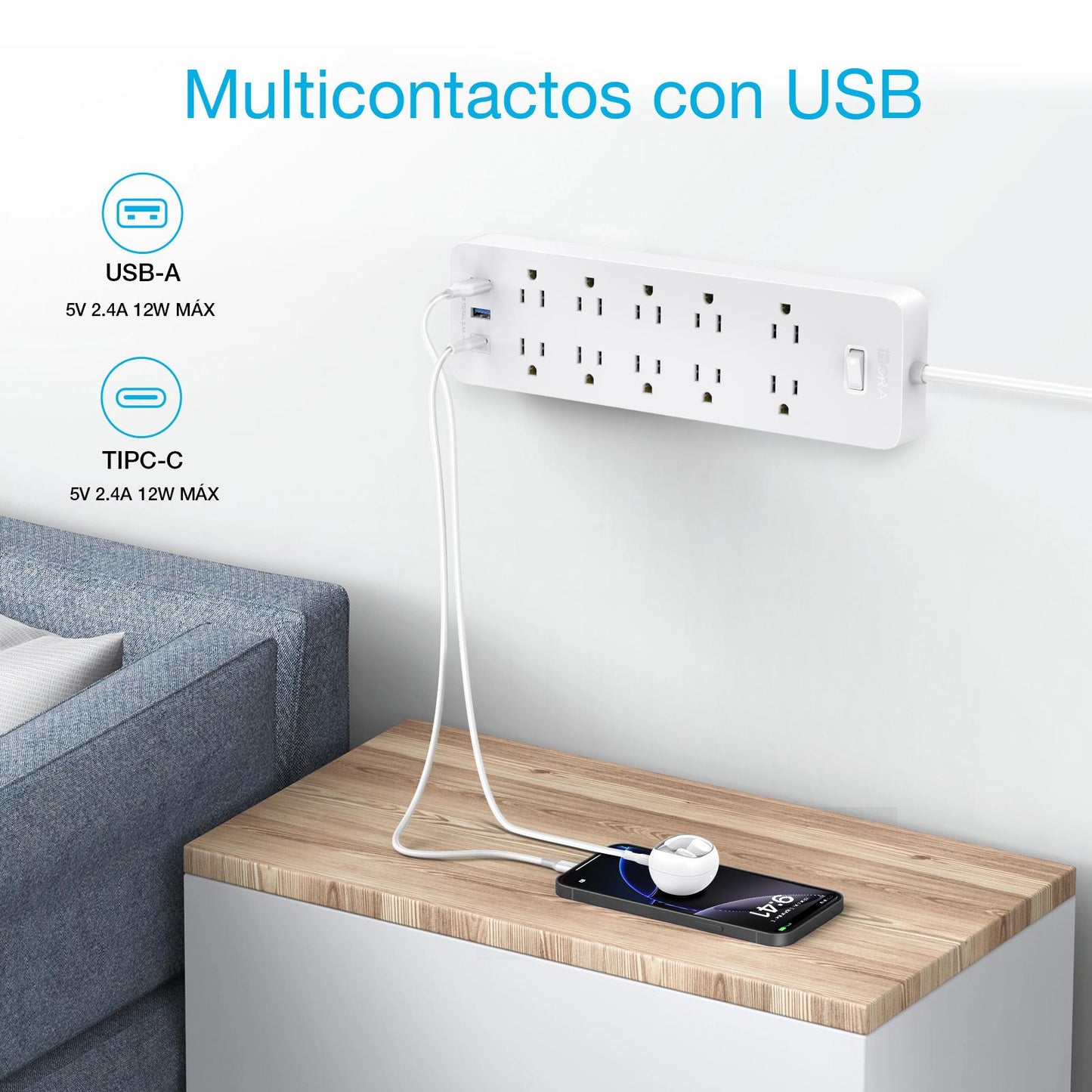 Multicontacto 13 en 1, extensión eléctrica con 10 Salidas de CA, 3 Puertos USB (1 USB C, 2 USB A) con 1,5 m Cable