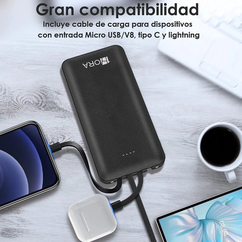 Power Bank 10000mAh, 4 Cables Incorporados, GAR148, Batería portátil con iluminación LED Linterna, Pantalla Digital Pila Portatil