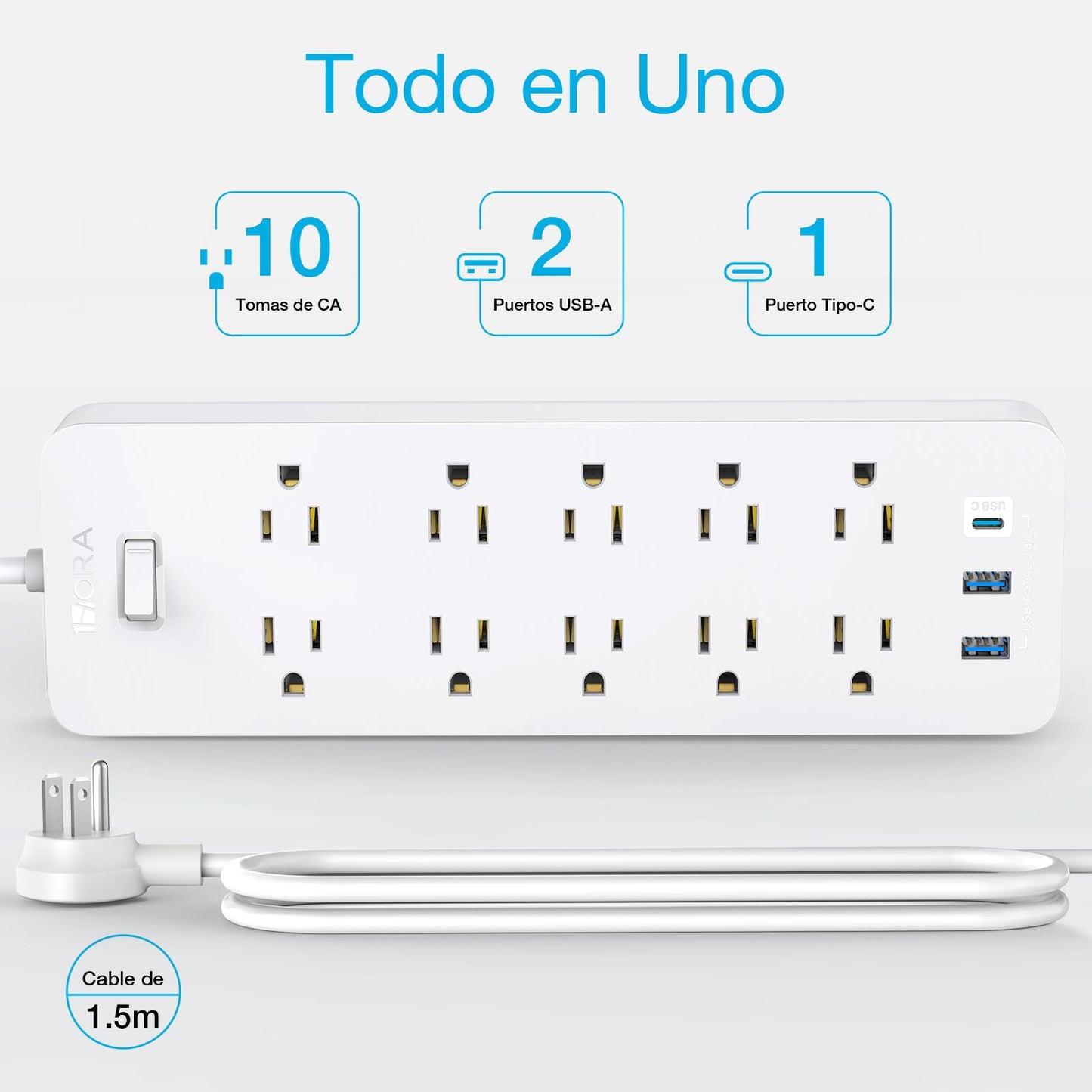 Multicontacto 13 en 1, extensión eléctrica con 10 Salidas de CA, 3 Puertos USB (1 USB C, 2 USB A) con 1,5 m Cable
