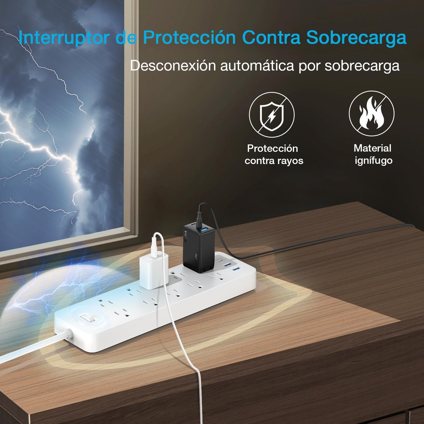 Multicontacto 13 en 1, extensión eléctrica con 10 Salidas de CA, 3 Puertos USB (1 USB C, 2 USB A) con 1,5 m Cable