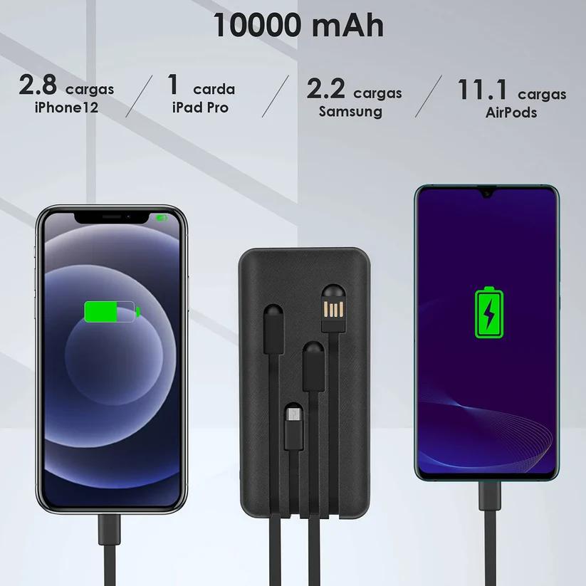 Power Bank 10000mAh, 4 Cables Incorporados, GAR148, Batería portátil con iluminación LED Linterna, Pantalla Digital Pila Portatil