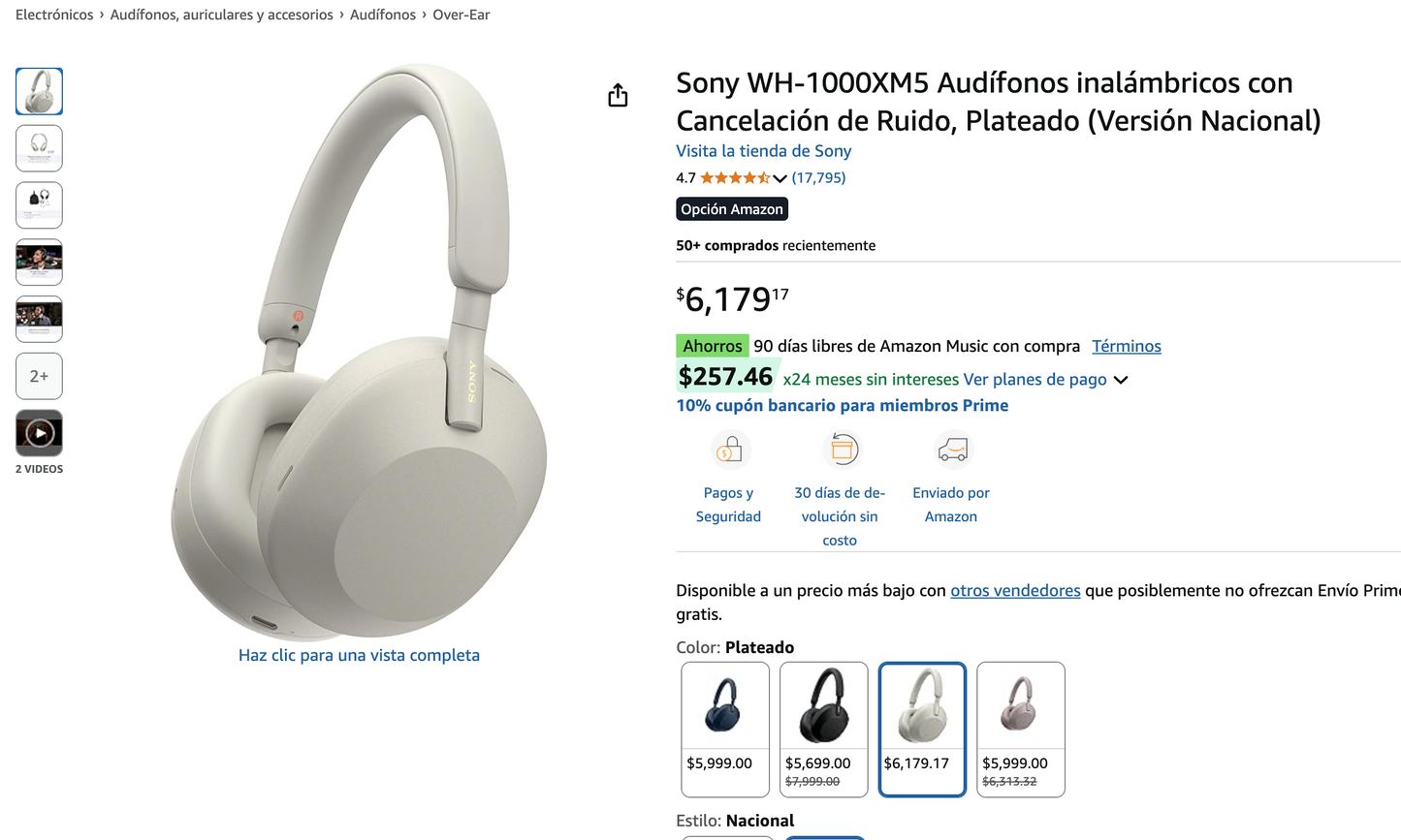 Sony WH-1000XM5 Audífonos inalámbricos con Cancelación de Ruido, Plateado