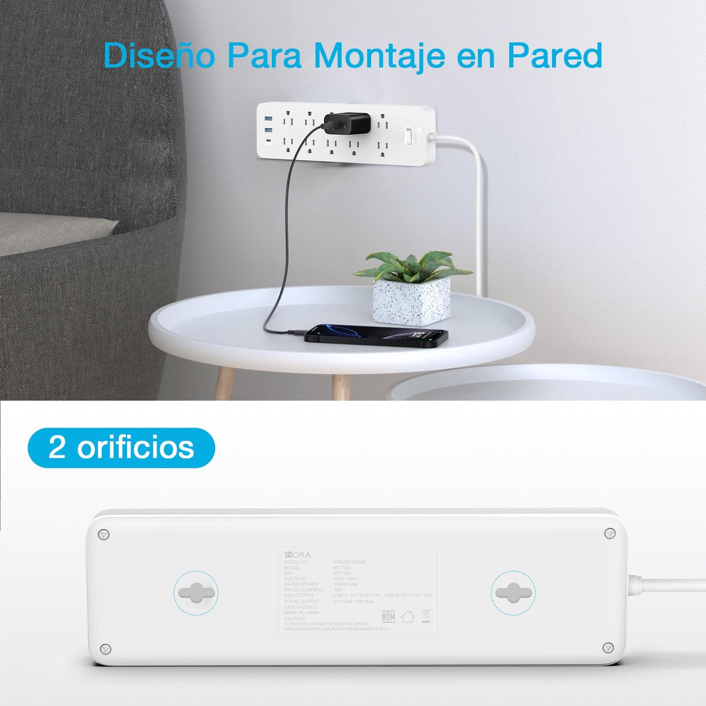 Multicontacto 13 en 1, extensión eléctrica con 10 Salidas de CA, 3 Puertos USB (1 USB C, 2 USB A) con 1,5 m Cable