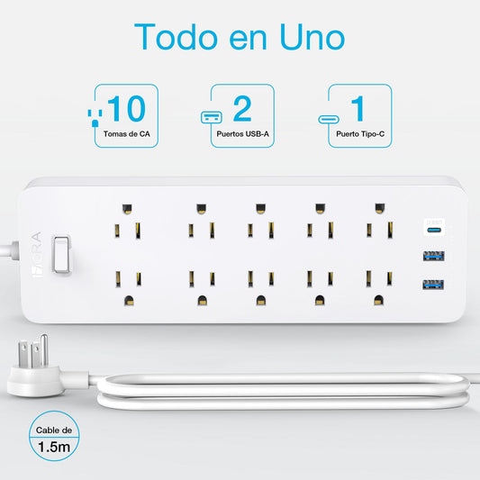 Multicontacto 13 en 1, extensión eléctrica con 10 Salidas de CA, 3 Puertos USB (1 USB C, 2 USB A) con 1,5 m Cable